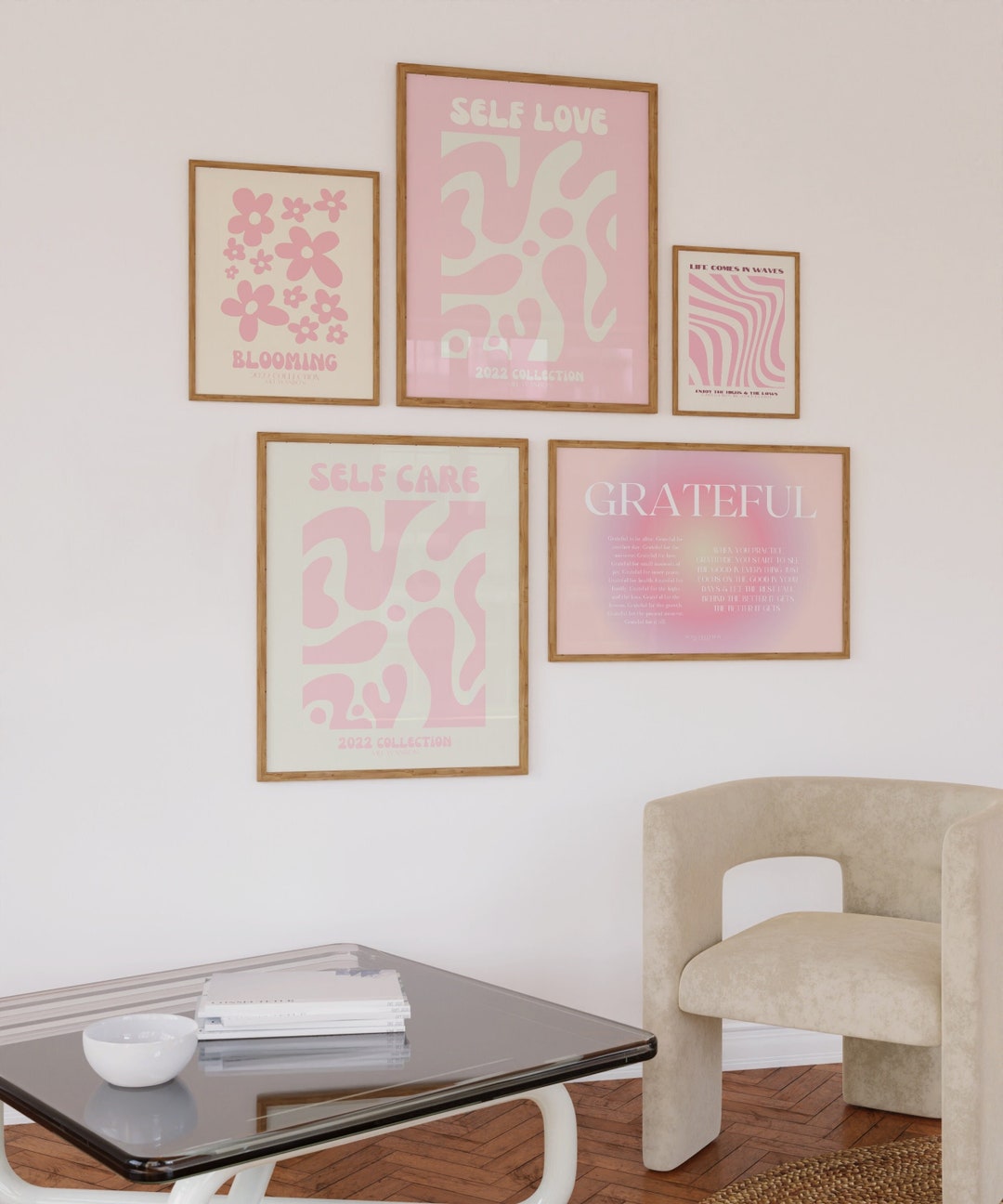 5 Pink Wall Prints Bundle, Digital Art Prints, Pink Wall Art, Retro