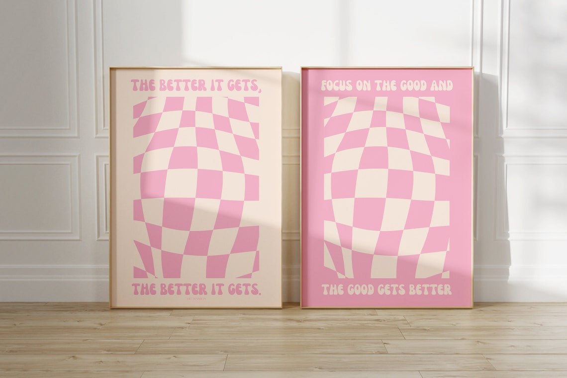 2 Pink Retro Wall Prints Digital Art Prints Pink Wall Art Etsy
