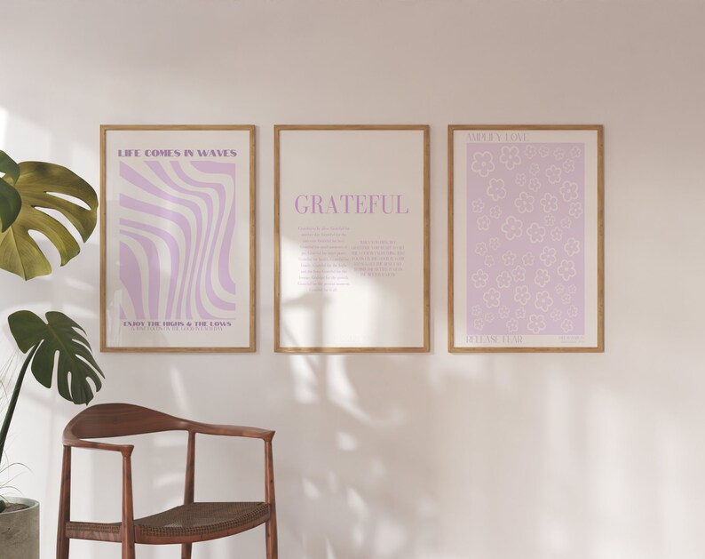 3 Purple Wall Prints Digital Prints Purple Wall Art Cute Etsy