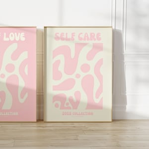 Impresión de pared rosa "SELF CARE", impresión digital, arte de pared rosa retro de los años 70, impresiones de pósteres rosas minimalistas