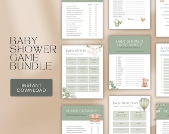 10 Editable Canva Baby Shower & Baby Sprinkle Game Template Bundle | Sage Green Instant Download | Cute, Customizable Baby Shower Games
