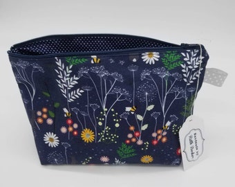 Wild flower zipped bag,accessories bag, wash bag, medicine bag. Water resistant. 2 different designed fabrics. Other patterns available