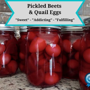 May include: Four glass jars filled with pickled beets and quail eggs. The jars have silver lids and are sitting on a light brown countertop. The jars are labeled "Pickled Beets & Quail Eggs" and "Sweet" - "Addicting" - "Fulfilling".