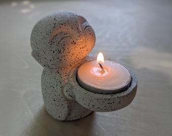 Smiling Monk Tea Light Holder: Handcrafted Jesmonite Speckled Stone Effect Zen Decor