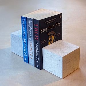 Può includere: Un set di ferma libri in cemento bianco che reggono una pila di quattro libri di Stephen Fry. I libri sono intitolati "Mythos", "Heroes", "Troy" e "A Master of Great Learning".