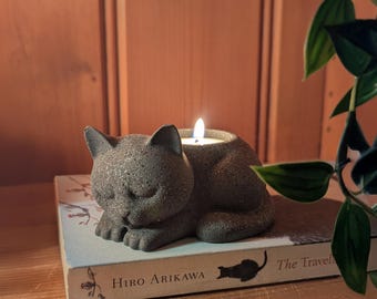 Sleeping Cat Tealight Candle Holder, Planter, Figurine, Handmade Jesmonite Kitten: Speckled Stone Home Decor