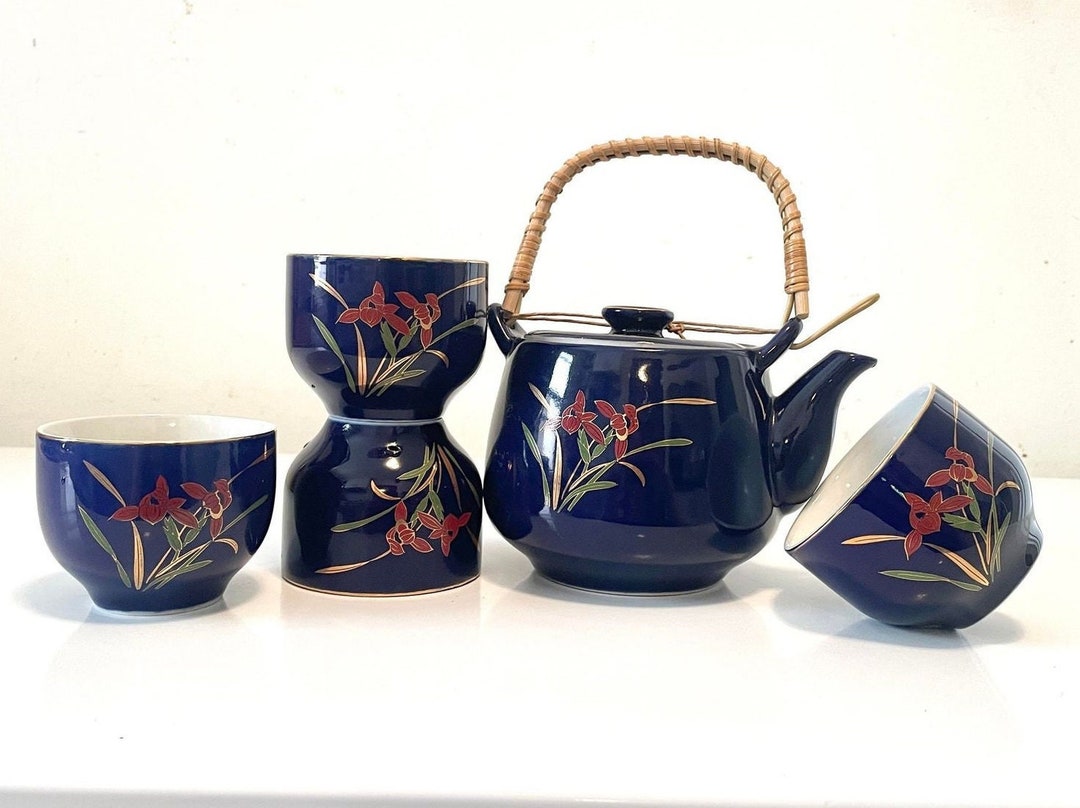 Vintage 5 Pcs Porcelain Japanese Tea Set, Cobalt Blue, MCM, Retro