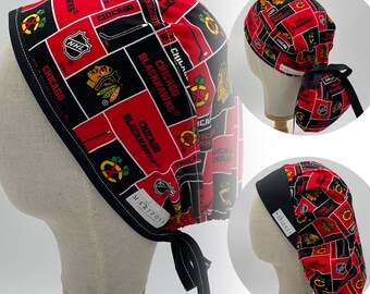 Handmade Scrub Caps made with Chicago Blackhawks Licensed Fabric