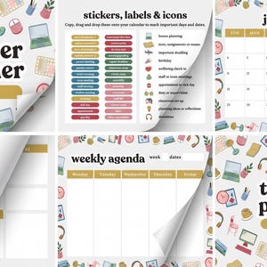 Peut inclure: Un agenda numérique pour enseignant 2026 avec un motif répétitif de fournitures scolaires et de bureau comme des ordinateurs, des casques et des horloges. L'ensemble comprend un calendrier mensuel pour janvier 2026, une page d'agenda hebdomadaire et des autocollants.