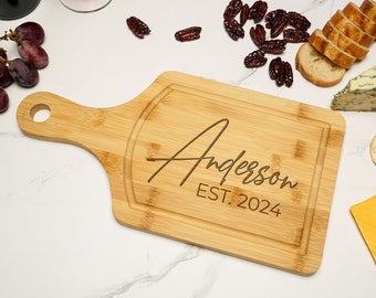 Personalized Bamboo Cutting Board with Name, Engraved Kitchen Board, Family Name Serve Board, Charcuterie Board with Handle and Drip Ring