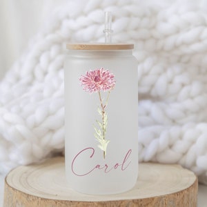 Personalized Flower Tumbler, Custom Birth Flower Cup, Bridesmaid Proposal Gifts, Gift For Her, 16oz Frosted Glass Cup, Unique Name Tumbler image 1