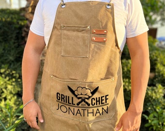 Grill Chef Apron, Personalized Apron For Men, Custom Grilling Apron, Fathers Day Gift, Gift For Husband, Barbeque Party Gift, Gift For Him