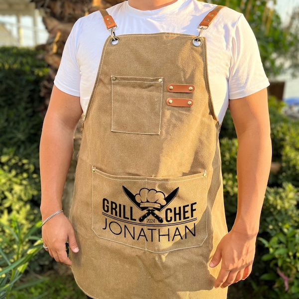 Grill Chef Apron, Personalized Apron For Men, Custom Grilling Apron, Fathers Day Gift, Gift For Husband, Barbeque Party Gift, Gift For Him