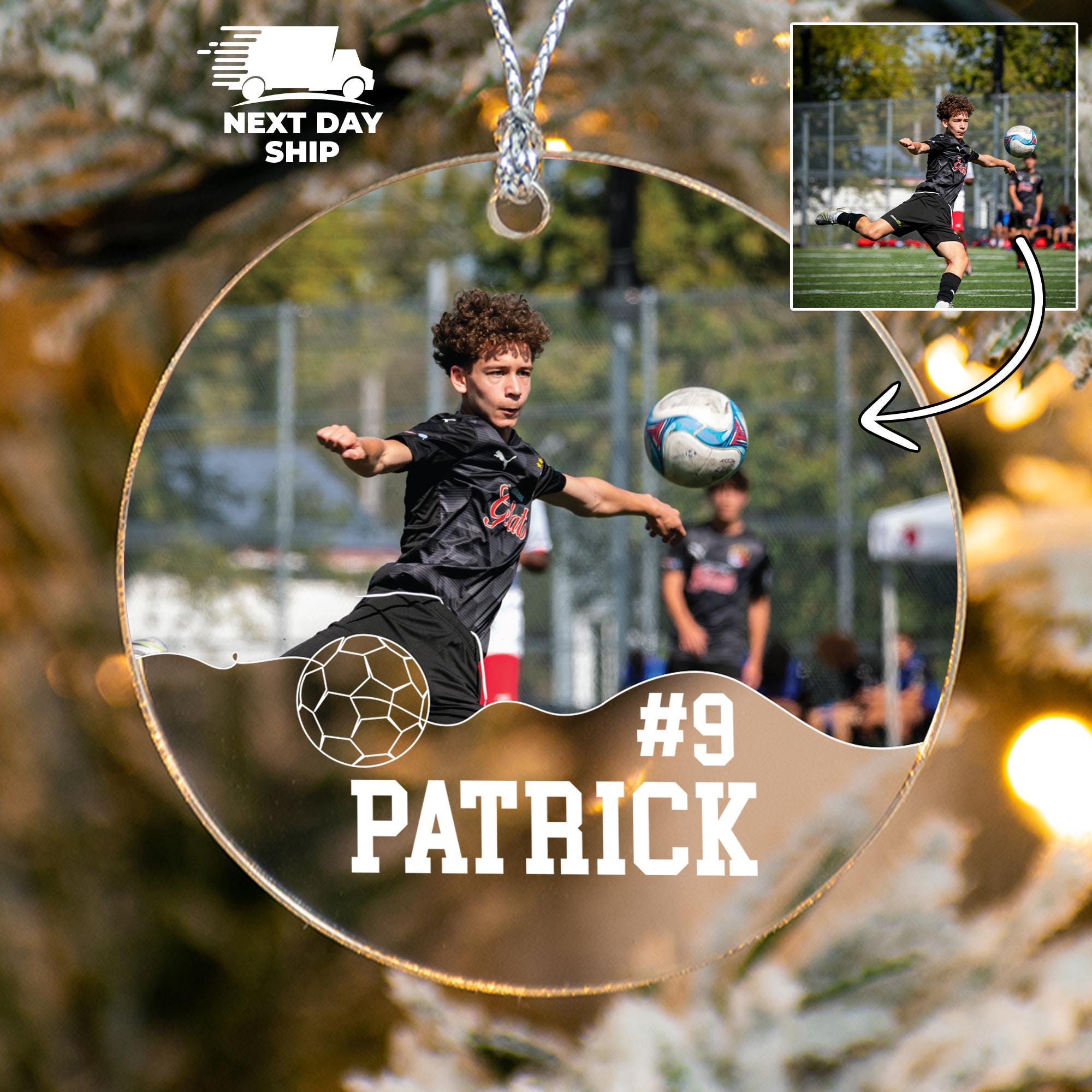 Personalized Soccer Player Name and Number Ornament, Soccer Team Keepsake, Soccer Photo Gift, Custom Soccer Ball Gift, Gift for Him