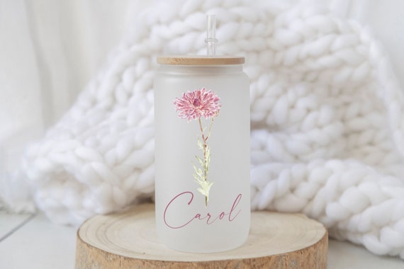 Personalized Flower Tumbler, Custom Birth Flower Cup, Bridesmaid Proposal Gifts, Gift For Her, 16oz Frosted Glass Cup, Unique Name Tumbler