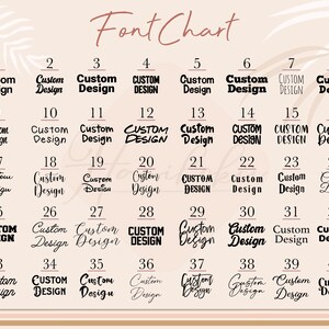 May include: A font chart showcasing 40 different font styles, each labelled with the words "Custom Design." The fonts vary in style, from bold and blocky to elegant and script-like. The title "Font Chart" is at the top.