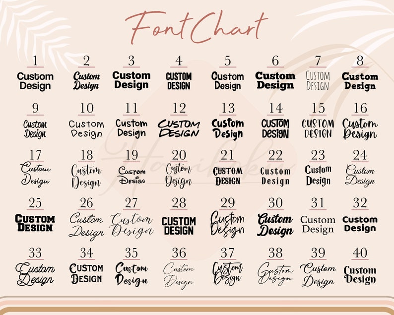 May include: A font chart showcasing 40 different font styles, each labelled with the words "Custom Design." The fonts vary in style, from bold and blocky to elegant and script-like. The title "Font Chart" is at the top.