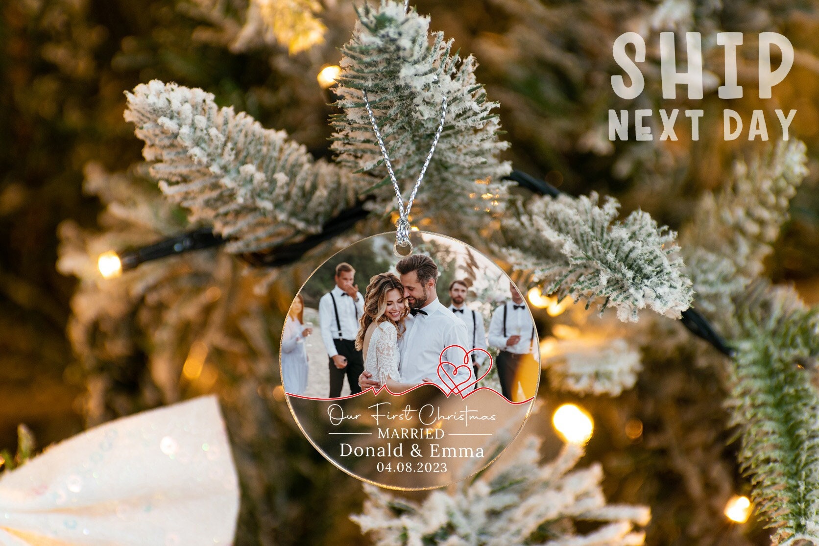 Custom Photo First Christmas Ornament, Married Ornament, Couples Name Ornament, Engagement Gift, Wedding Gift, Personalized Engaged Ornament