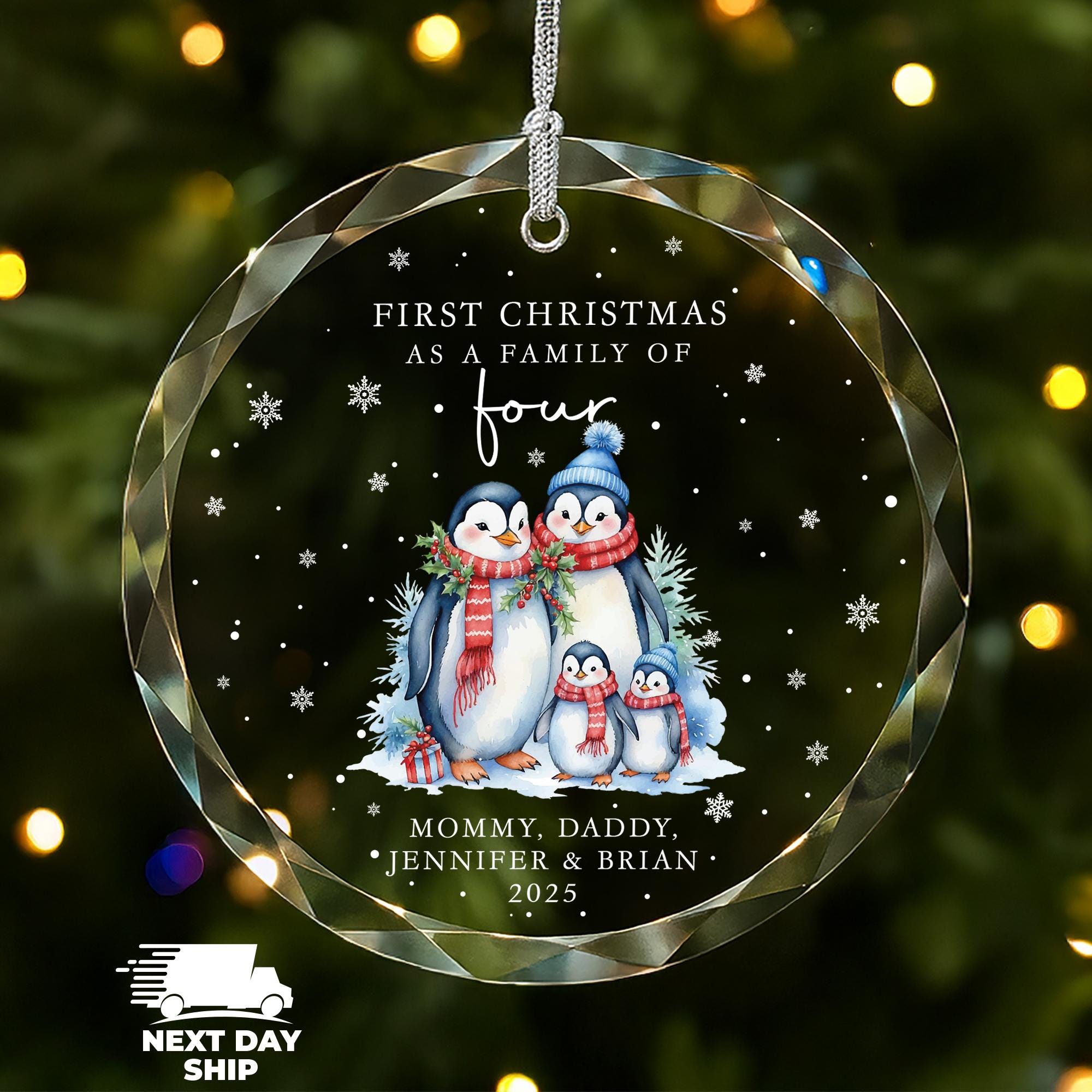 First Christmas As A Family Of Four Ornament, Winter Penguin Ornament, Penguin Family Holiday Ornament 2025, Personalized Ornament
