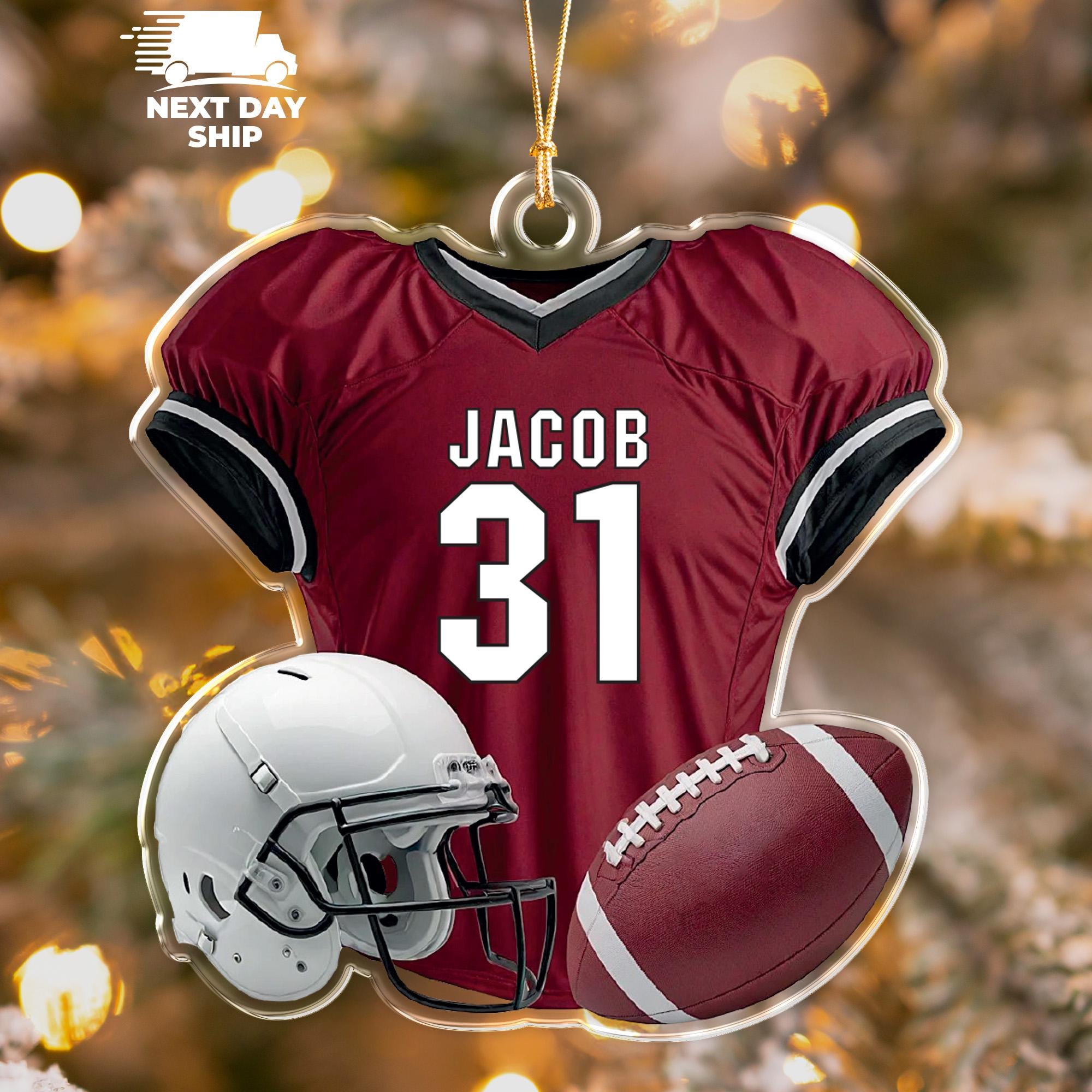 Personalized Name and Number Football Uniform Ornament, Football Helmet And Ball, Custom Name Ornament, Christmas Ornament, Xmas Gift