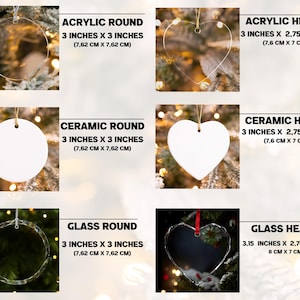May include: A collection of Christmas ornaments in various shapes and materials. The ornaments include acrylic and ceramic rounds and hearts, and glass rounds and hearts. Each ornament is approximately 3 inches in size, with some variations. The text on the image indicates the material and dimensions.