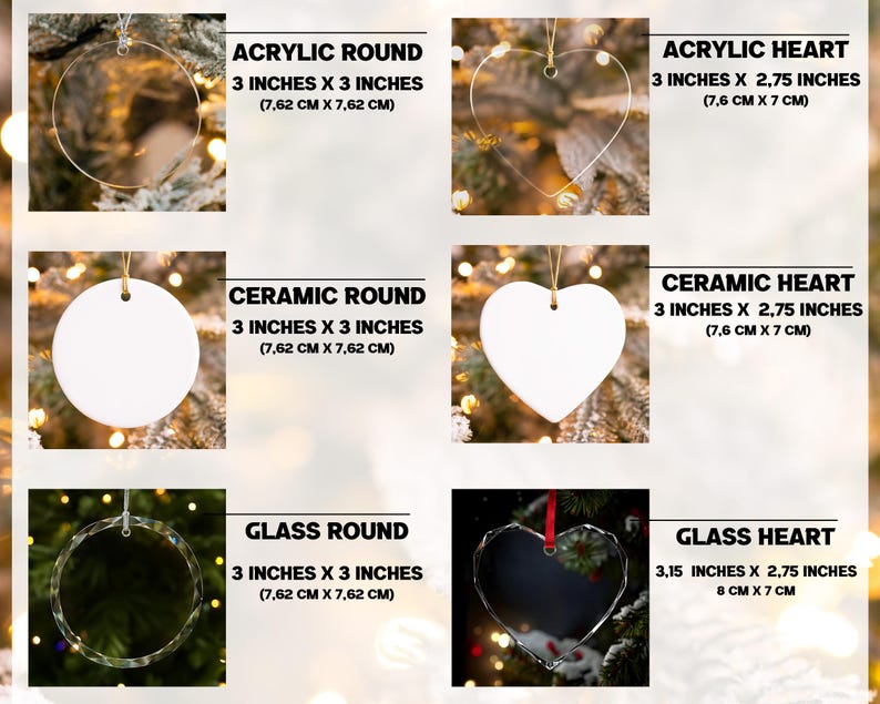 May include: A collection of Christmas ornaments in various shapes and materials. The ornaments include acrylic and ceramic rounds and hearts, and glass rounds and hearts. Each ornament is approximately 3 inches in size, with some variations. The text on the image indicates the material and dimensions.