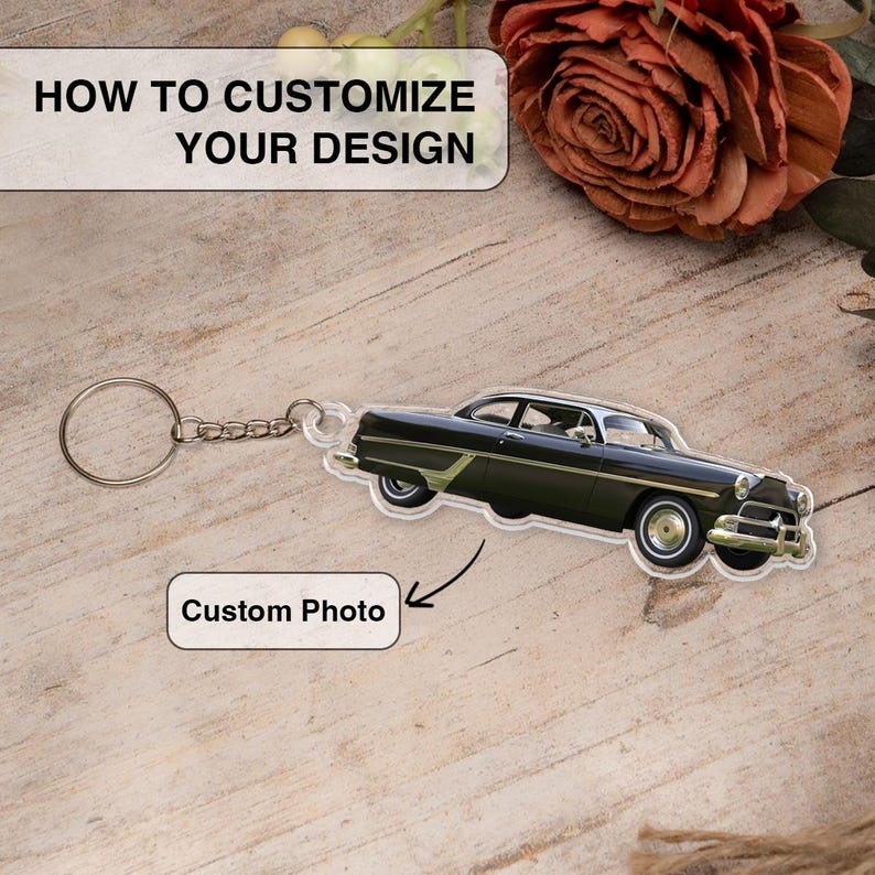 Pu&ograve; includere: Un portachiavi per auto nero e argento con una catena argentata. L'auto &egrave; un modello vintage con un'area per foto personalizzata. Il testo "Come personalizzare il tuo design" e "Foto personalizzata" &egrave; visibile nell'immagine.