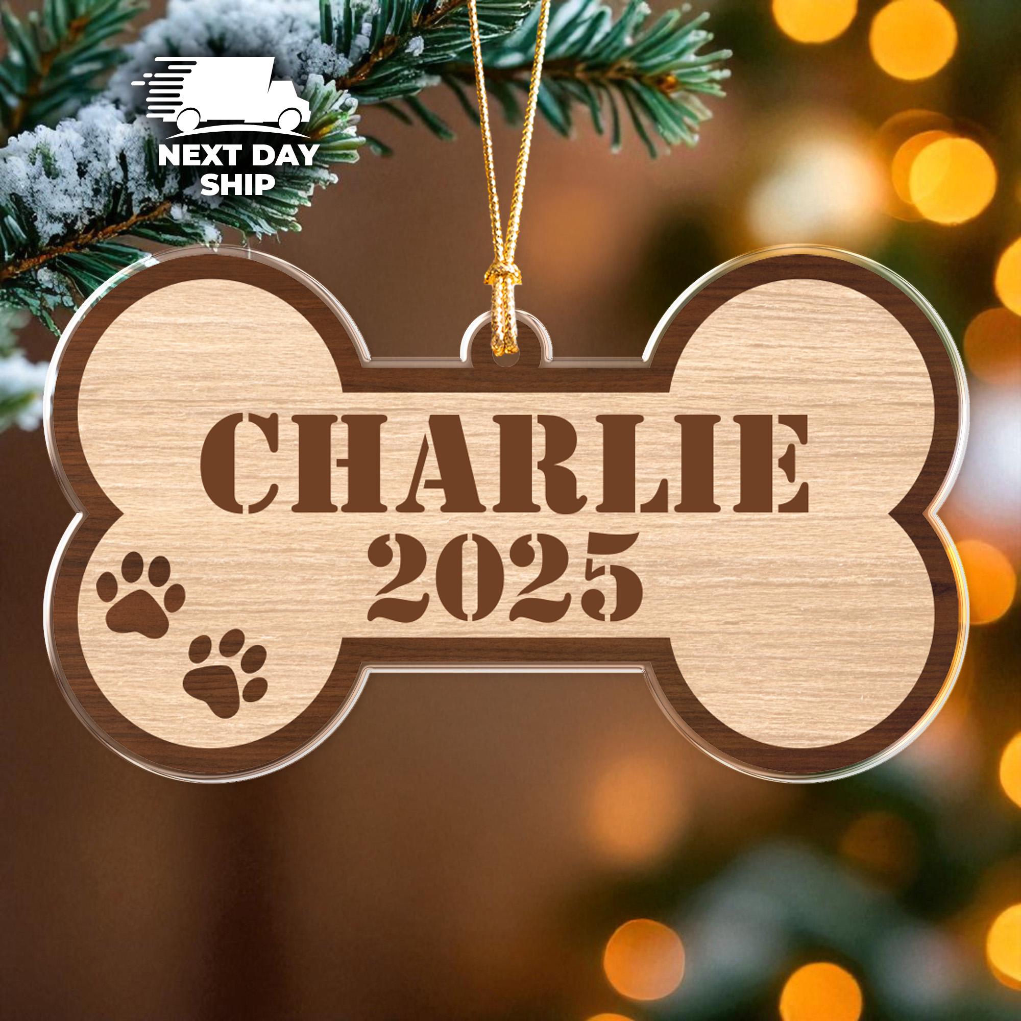 Personalized Acrylic Dog Bone Ornament with Name, 2025 Dog Keepsake, Wood Pattern Printed Ornament, Dog Mom and Dad Christmas Gifts