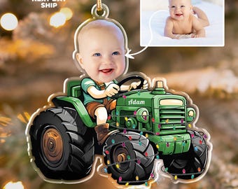 Custom Farmer Baby Face Photo Ornament, Personalized Tractor Ornament, Acrylic Funny Face Ornament, Christmas Decor, Name Christmas Ornament