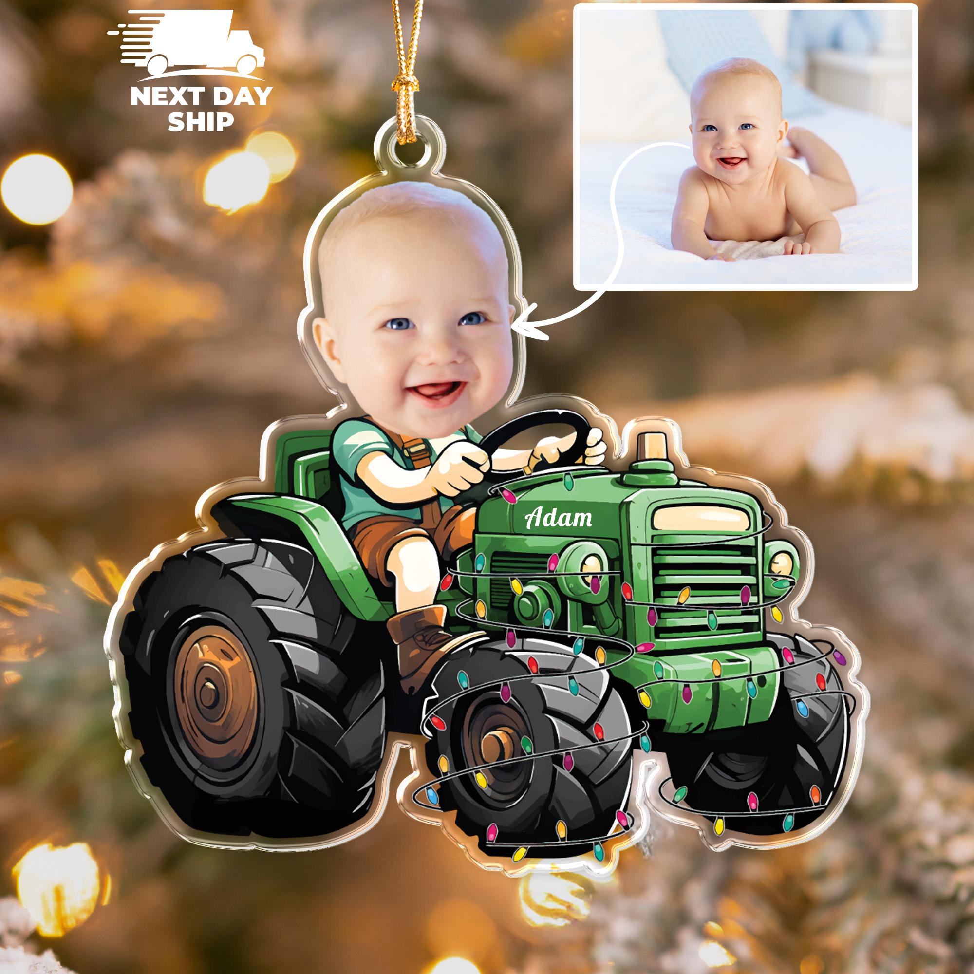 Custom Farmer Baby Face Photo Ornament, Personalized Tractor Ornament, Acrylic Funny Face Ornament, Christmas Decor, Name Christmas Ornament