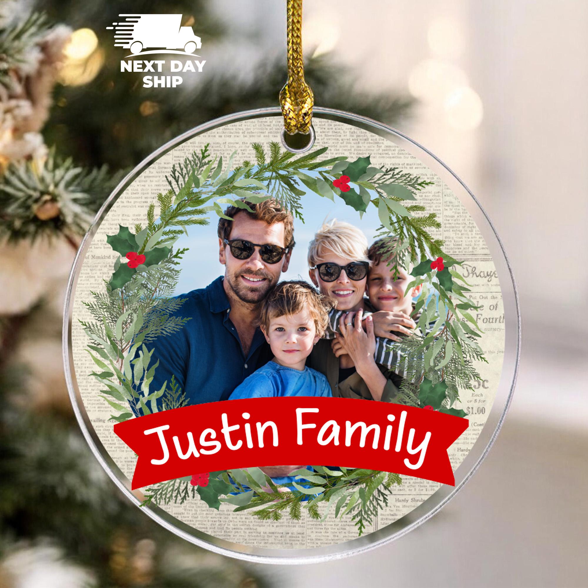 Custom Photo Ornaments, Christmas Ornaments, Christmas Gifts, Personalized Picture Ornaments, Family Name Ornament, Acrylic Glass Ornament