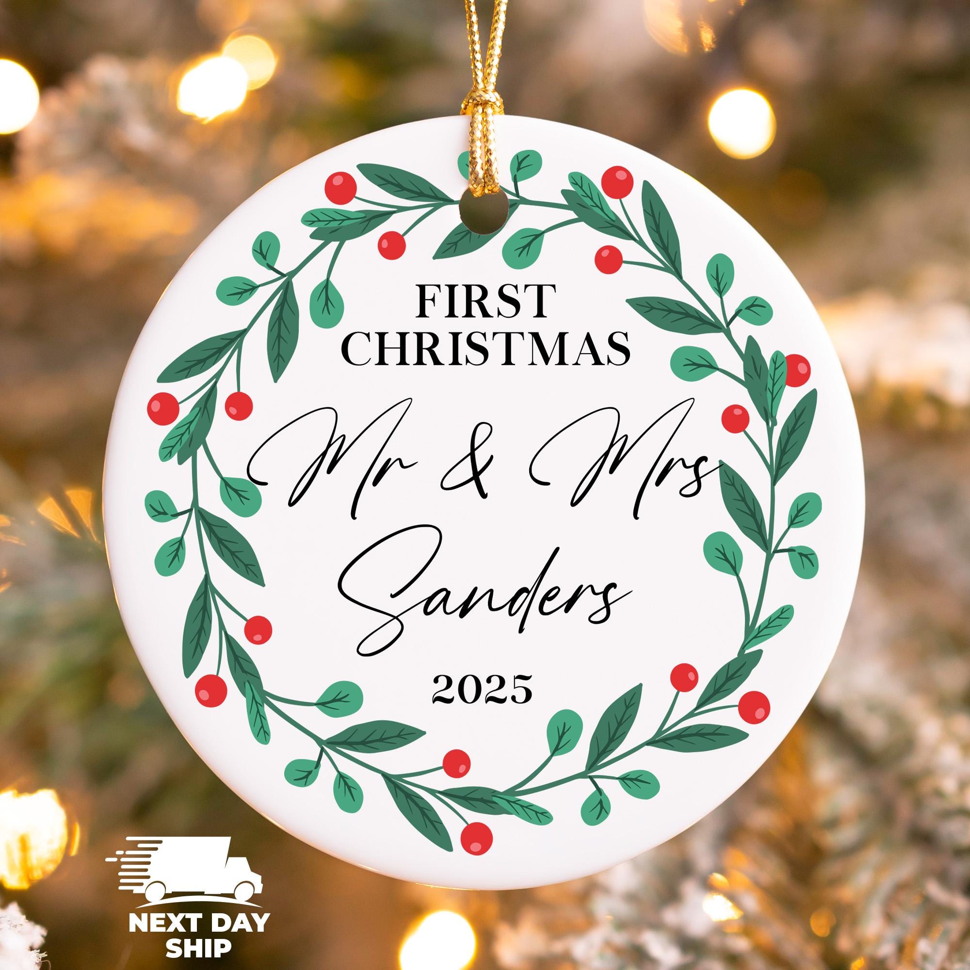 Custom Mr and Mrs Ornament, Family Name Ornament, First Christmas Ornament, 2025 Christmas Keepsake, Married Christmas Wreath Ornament