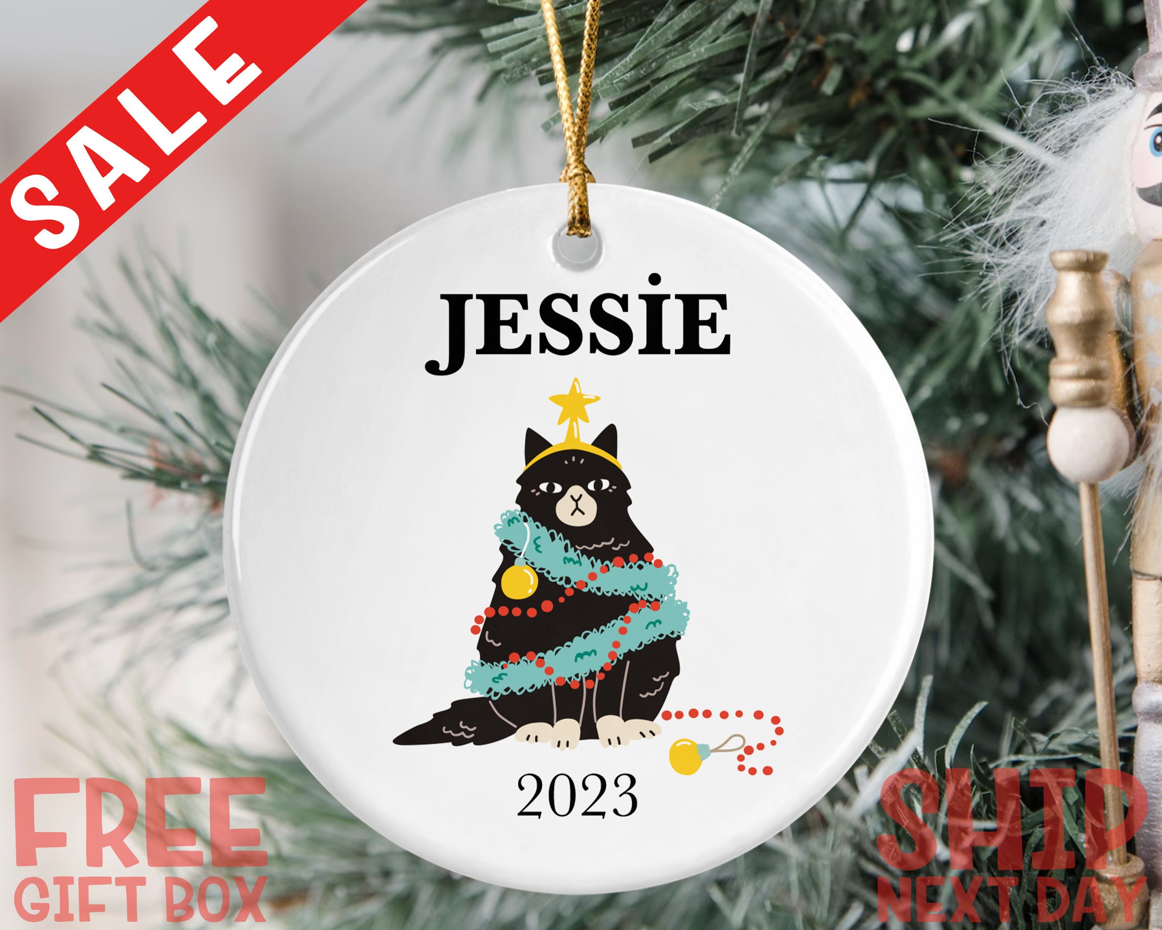 Personalized Pet Ornament, Custom Christmas Gifts, Christmas Cat Ornaments, Christmas Black Cat Ornament, Cat Lover Gift, Pet Lover Gifts