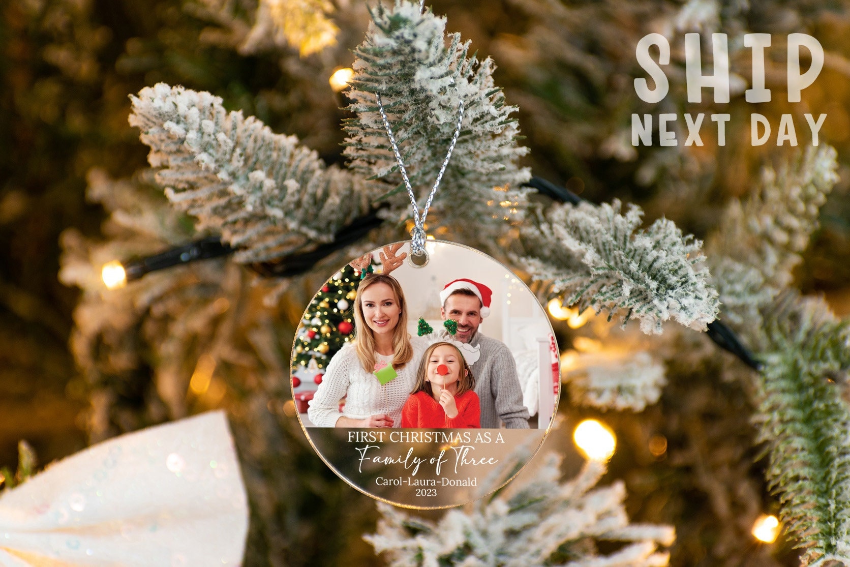 Personalized First Christmas Family Picture Ornament, Custom Family Photo Ornament, Family of Two Three Four Ornament, Family Name Ornament