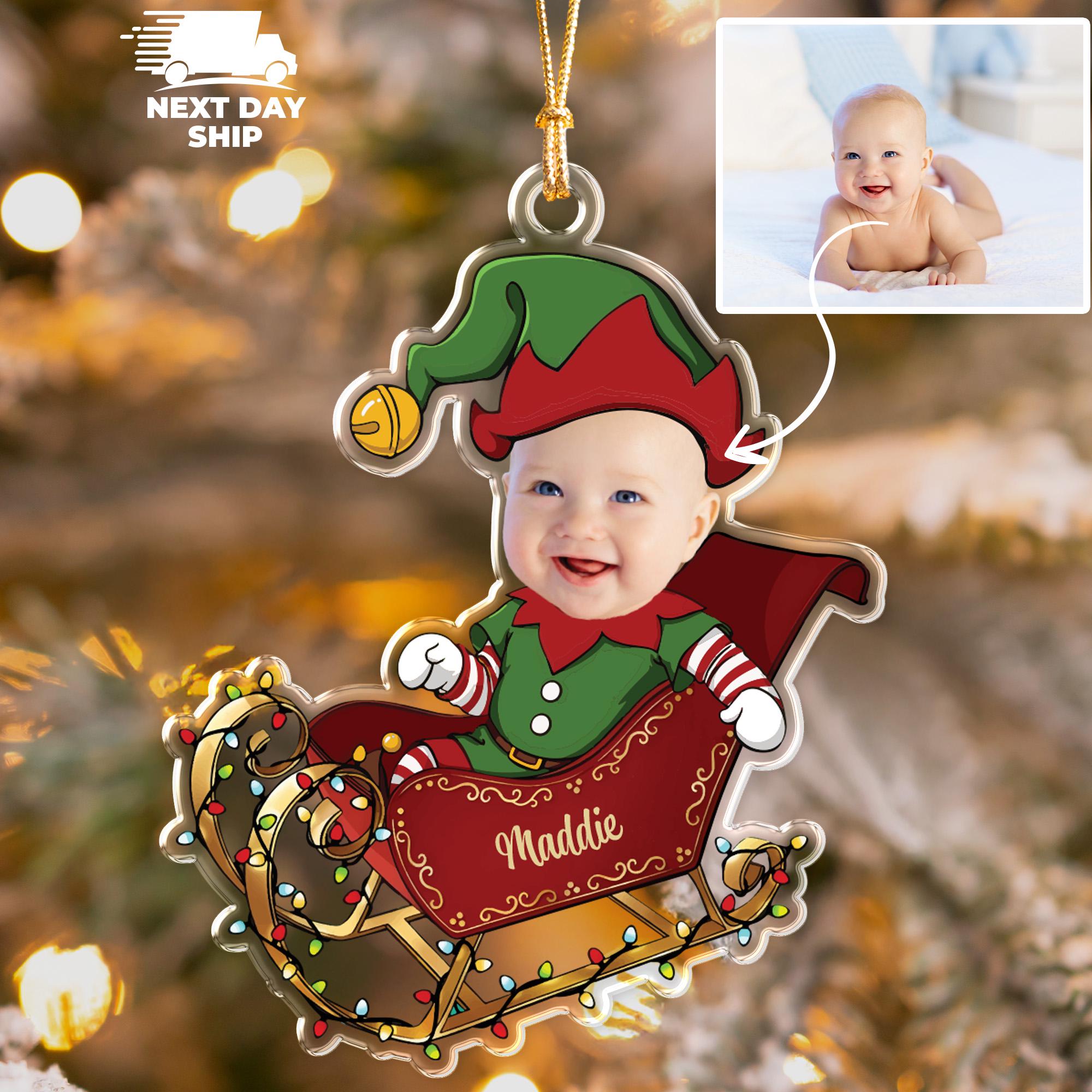 Santa's Elf Baby Ornament, Baby Name Christmas Sleigh Ornament, Sled Picture Ornament, First Christmas Ornament for Kids, Baby Face Photo