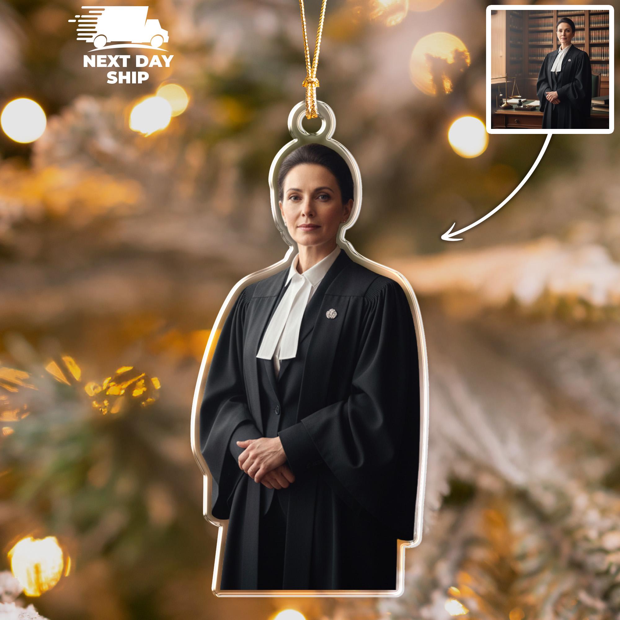 Custom Judge Picture Ornament, Personalized Barrister Photo Ornament, Black Lawyer Gown Ornament, Christmas Keepsake, Gift For Family