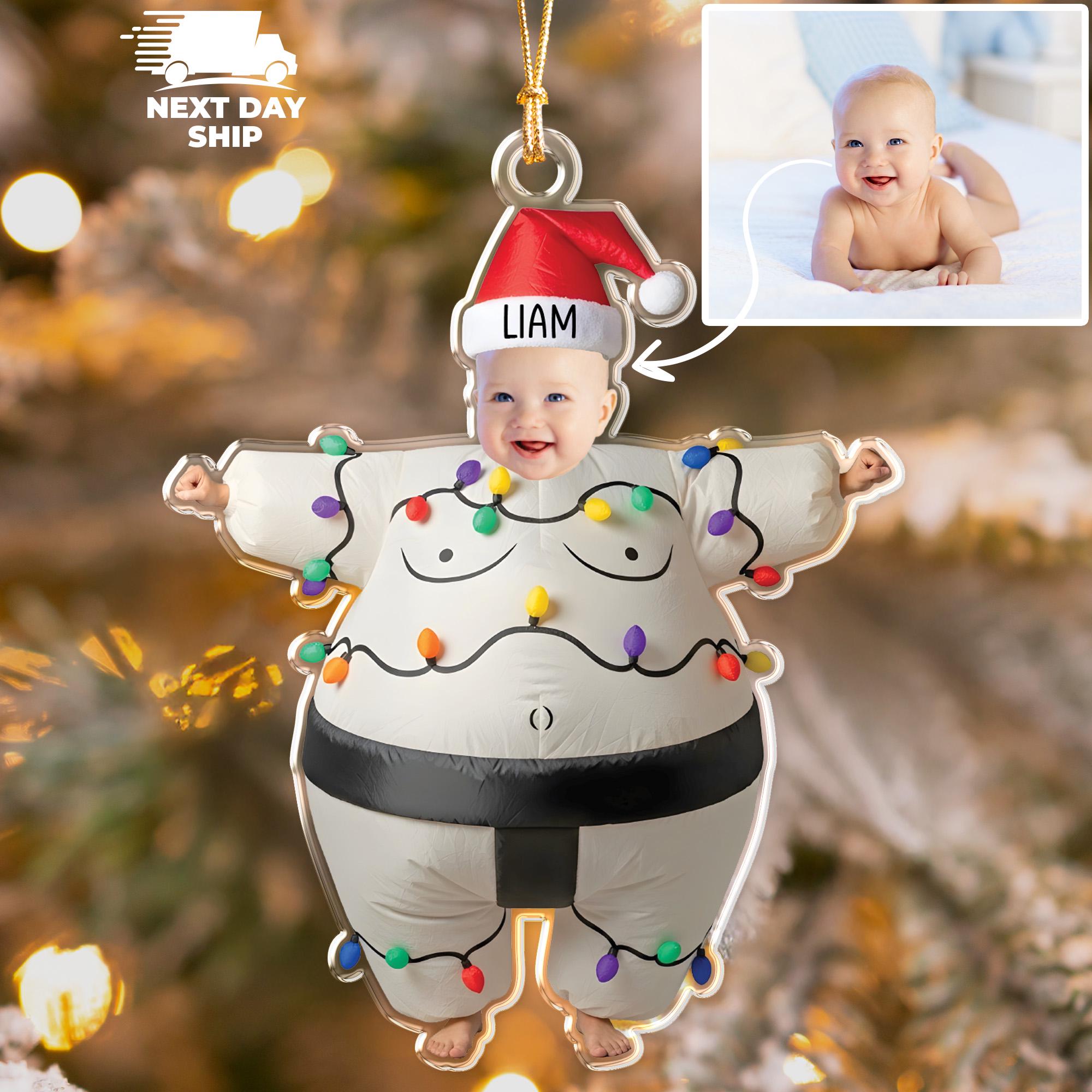 Cute Sumo Baby Face Ornament, Funny Balloon Body Ornament, Kids Face Photo Ornament, Face Picture Keepsake, Christmas Tree Decor, Xmas Gift