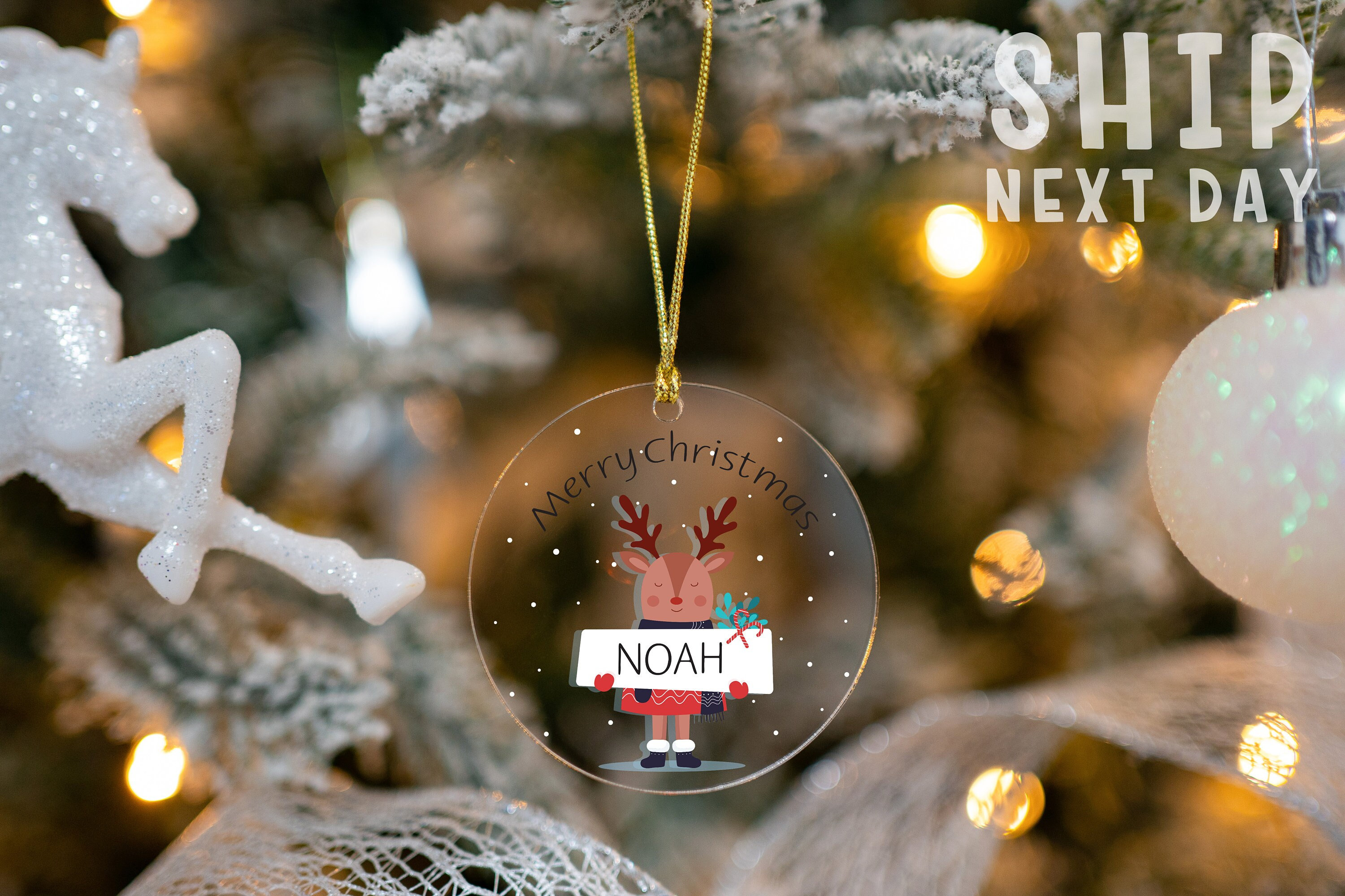 Personalized Merry Christmas Name Ornament, Christmas Gifts, Holiday Tree Decor, Custom Reindeer Acrylic Ornament, 2025 Hanging Ornament
