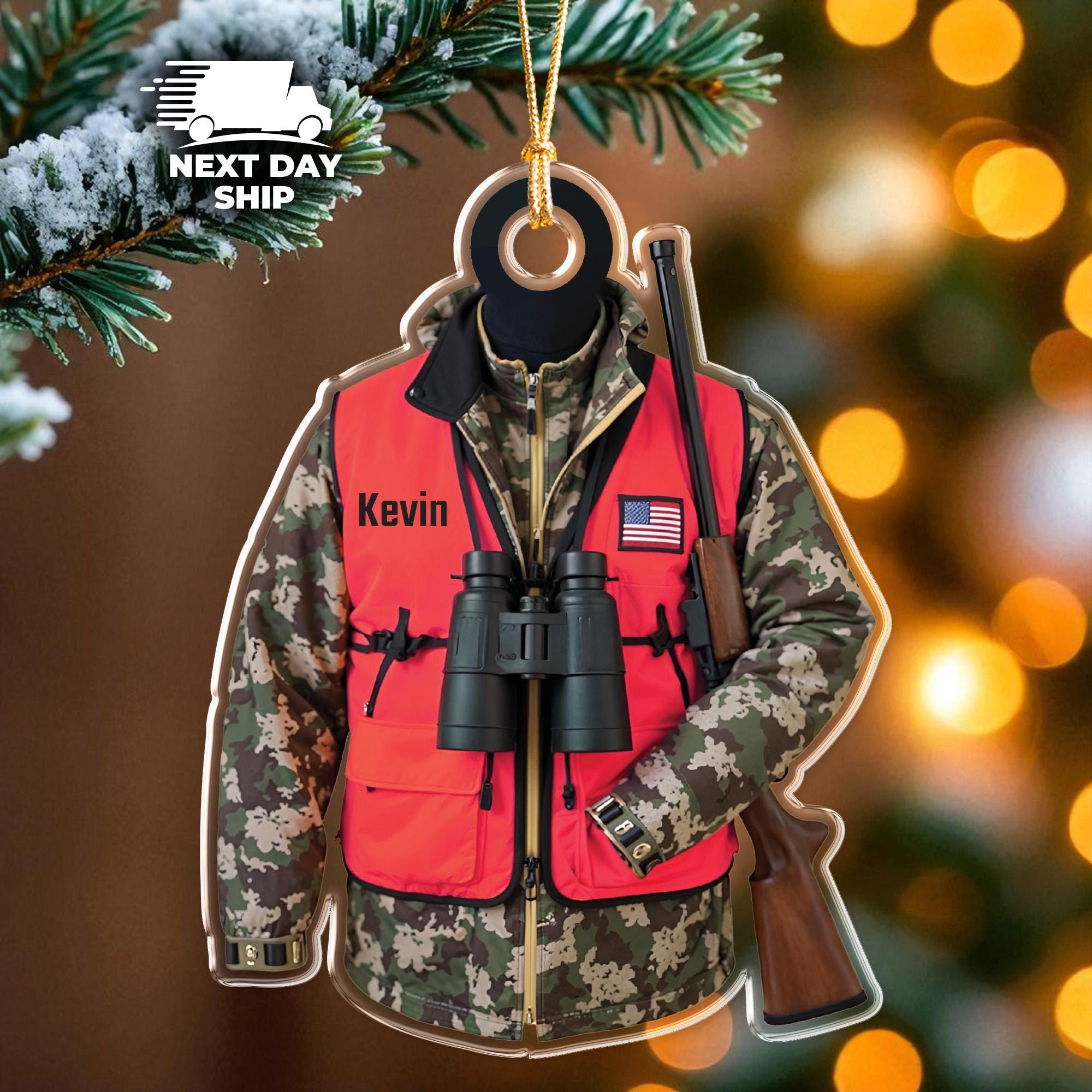 American Hunter Jacket Ornament, Personalize Hunter Name Ornament, Gift for Him, Hunting Family Ornament, Hunting Gear Ornament, Hunter Gift