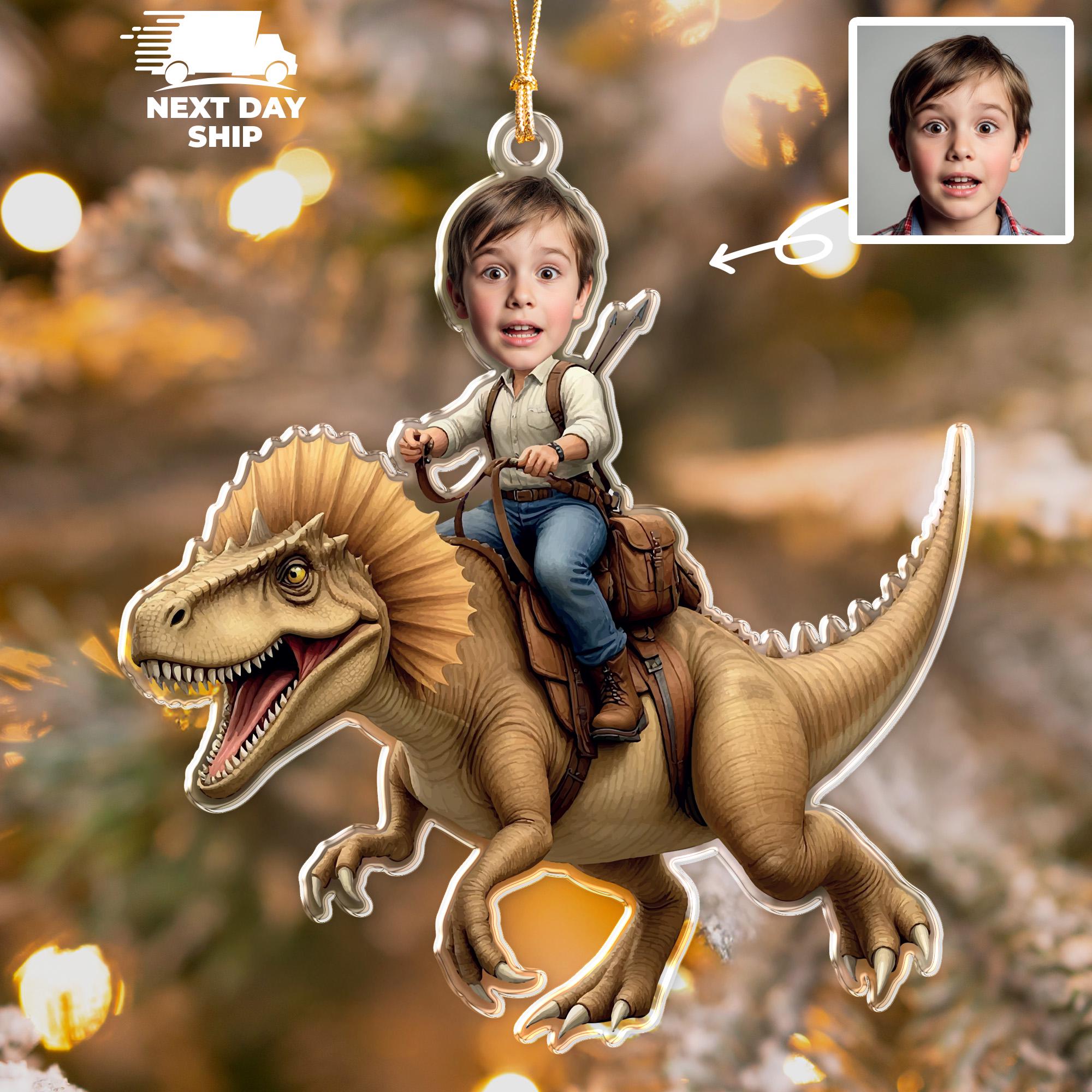 Personalized Baby Face Ornament, Custom Dinosaur Ornament, Baby Christmas Ornament, Jurassic Dinosaur Riding Ornament, Gift For Kids