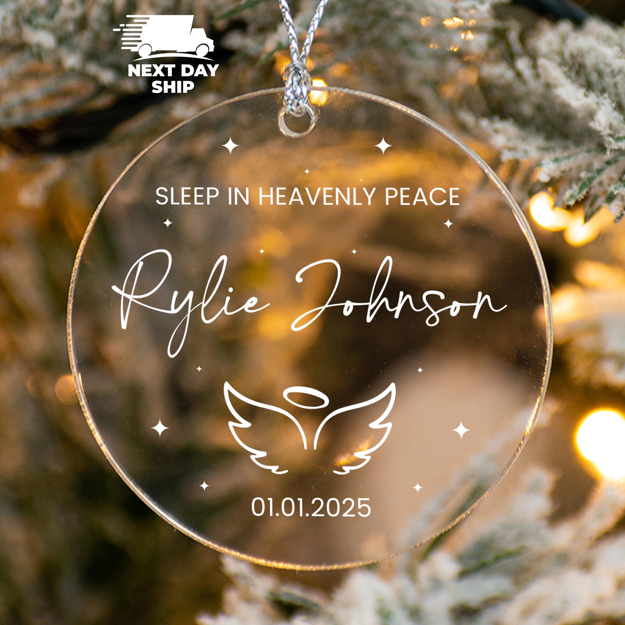 Personalized Memorial Name Ornament, Angel Wings Name Ornament, Sleep In Heavenly Peace Ornament, Custom Loss Ornament, Death Date Ornament