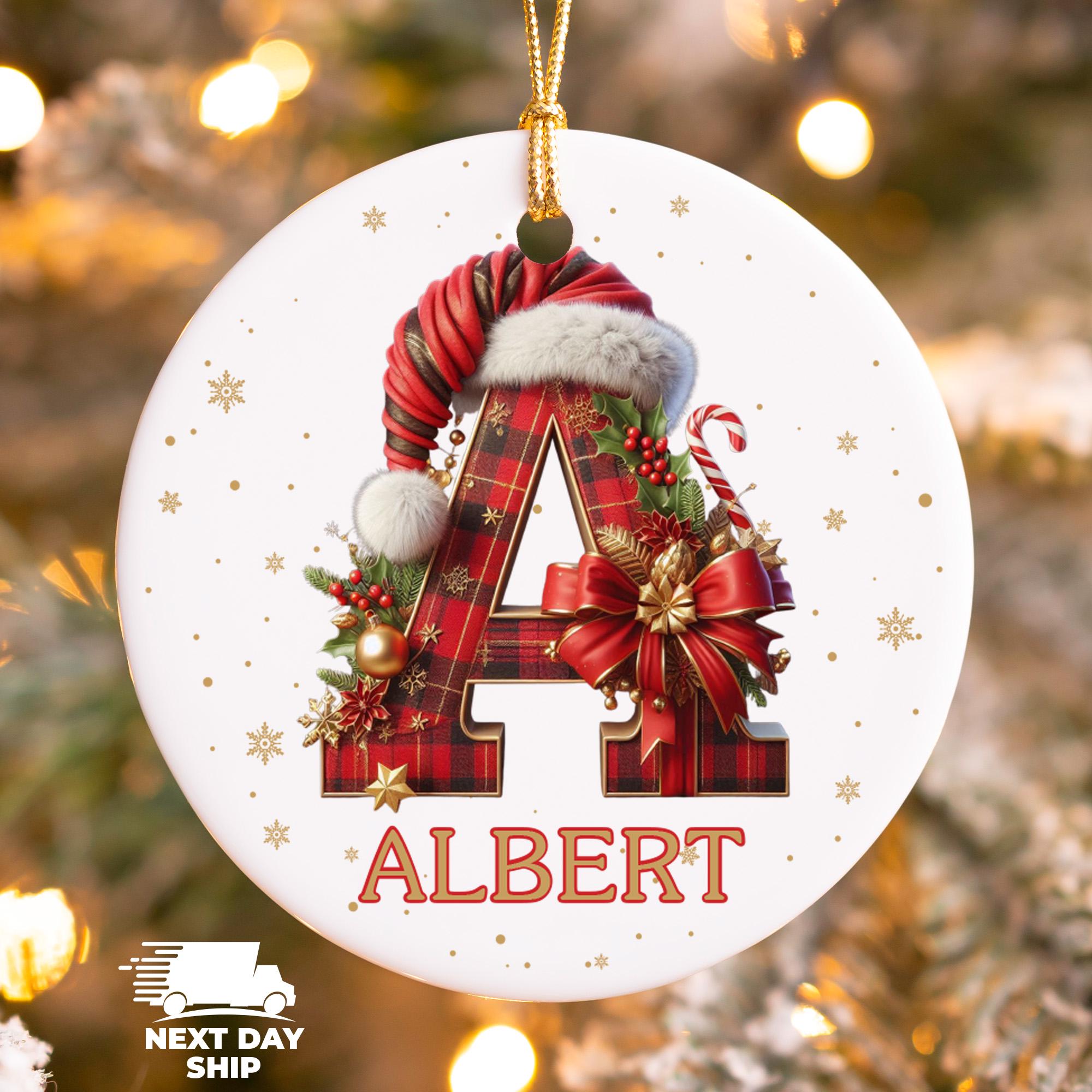 Personalized Christmas Initial Ornament, Custom Letter Name Ornament with Santa Hat, Plaid Xmas Tree Decoration, Gift for Kids & Families