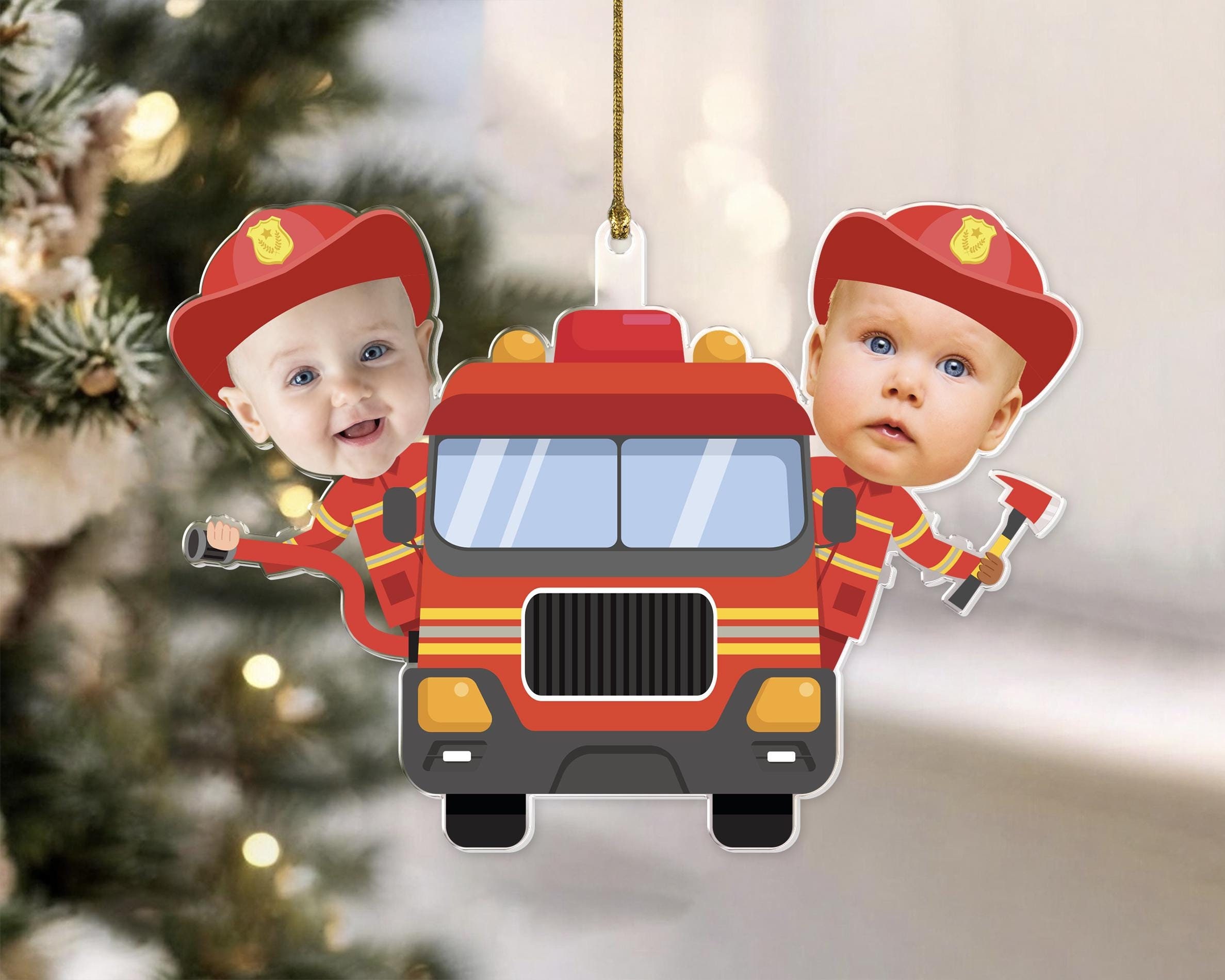 Personalized Baby Photo Firefighter Ornament, Custom Baby Face Ornament, Christmas Gift For Newborn, Custom Fire Truck Ornament, Unique Gift