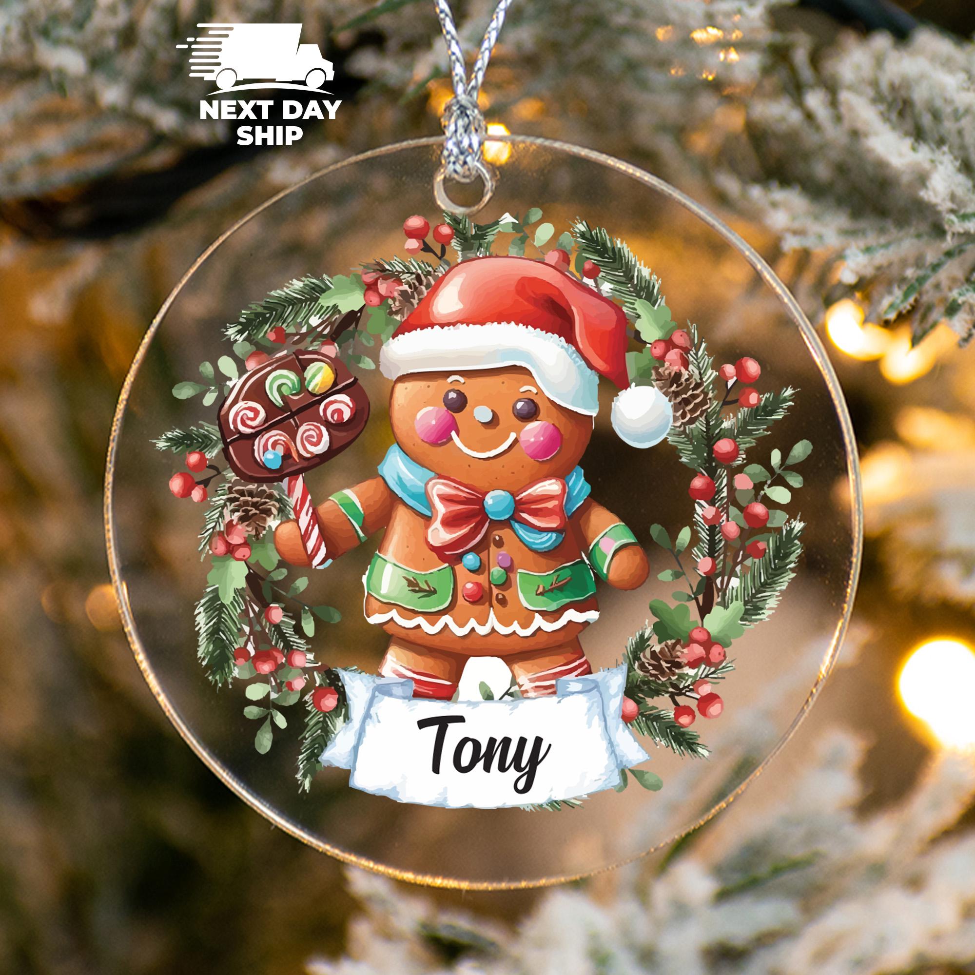 Personalized Gingerbread Boy Name Ornament, Custom Christmas Ornament, Holly Wreath Ornament, Kids Name Ornament, Gift for Son and Nephew