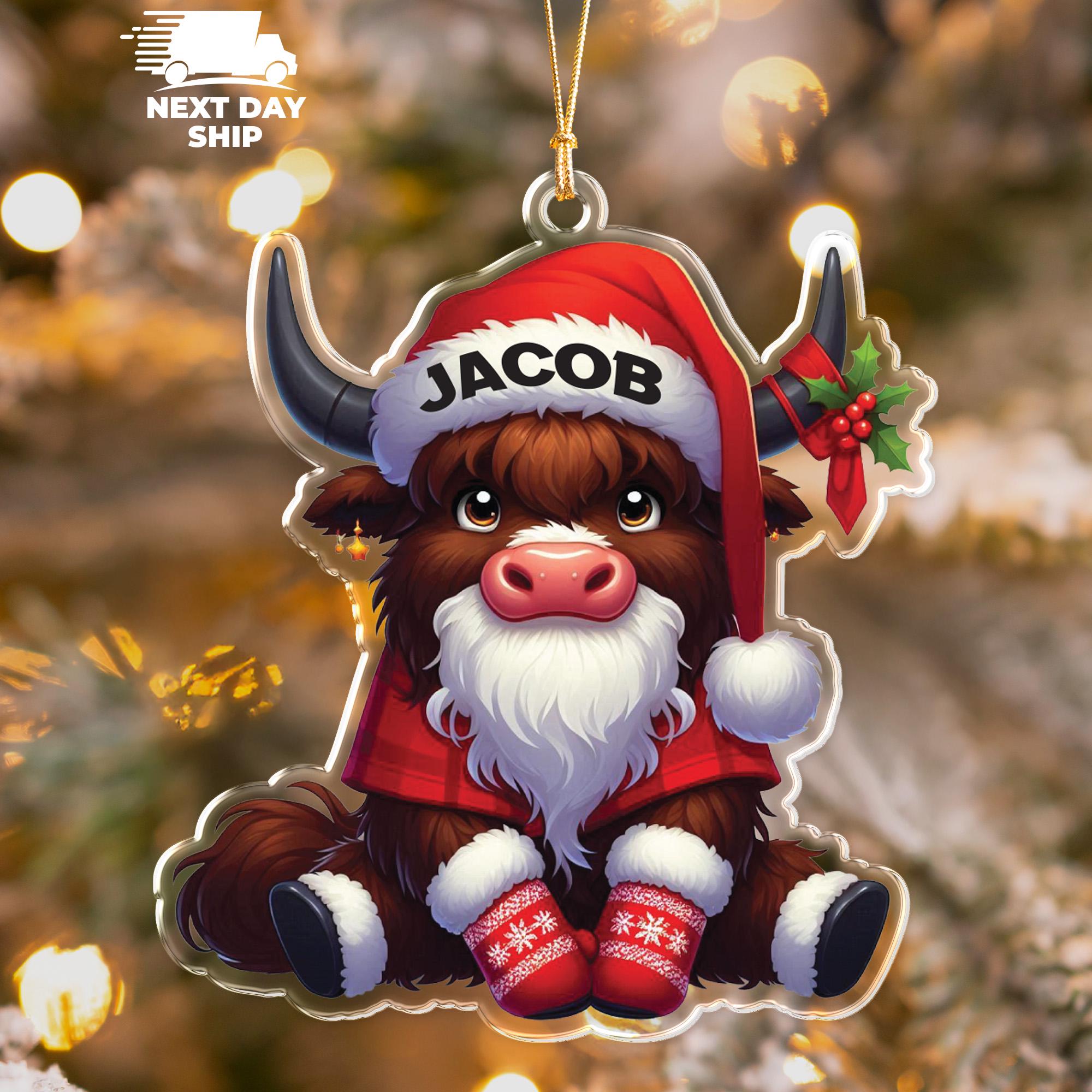 Custom Name Christmas Ornament, Personalized Highland Cow Ornament, Acrylic Animal Ornament, Christmas Decor, Name Christmas Ornament