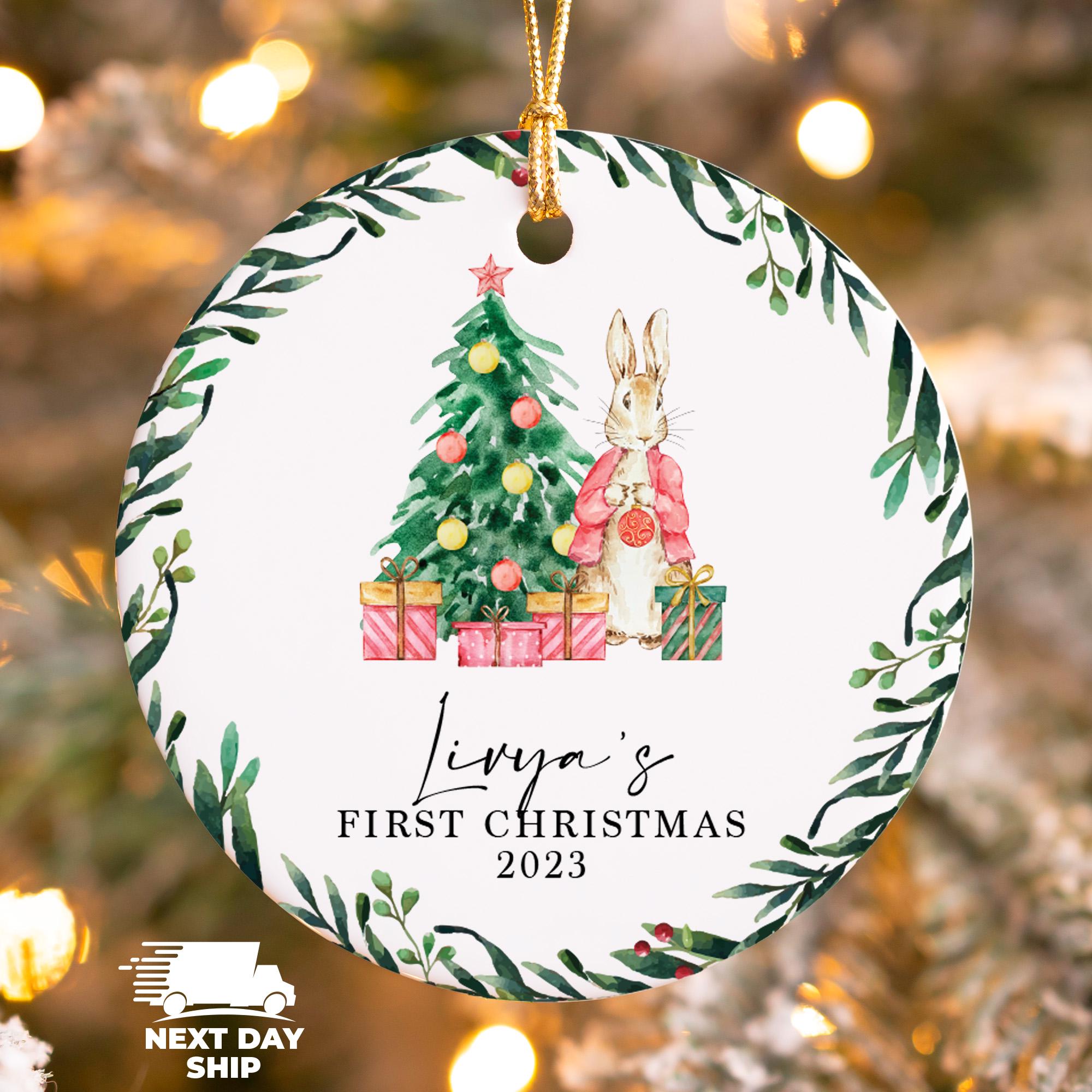 Kid Cute Christmas Bunny Ornament, Christmas Tree Decor, Stocking Stuffer, Child Name Ornament, Christmas Gift Box Ornament, Rabbit Ornament