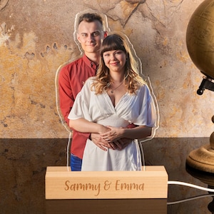 Unique Couple Gifts for Valentines Day, Personalized Photo Stand, Acrylic Picture Display With Led Light Wood Base, Custom Anniversary Gift