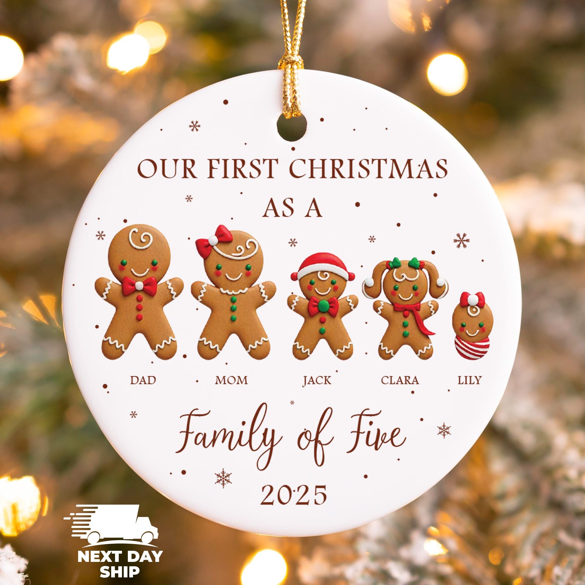 First Christmas as Family of Five Ornament, Father Mother Son Girl Baby Ornament, Gingerbread Family Keepsake with Names, Ceramic Glass Gift