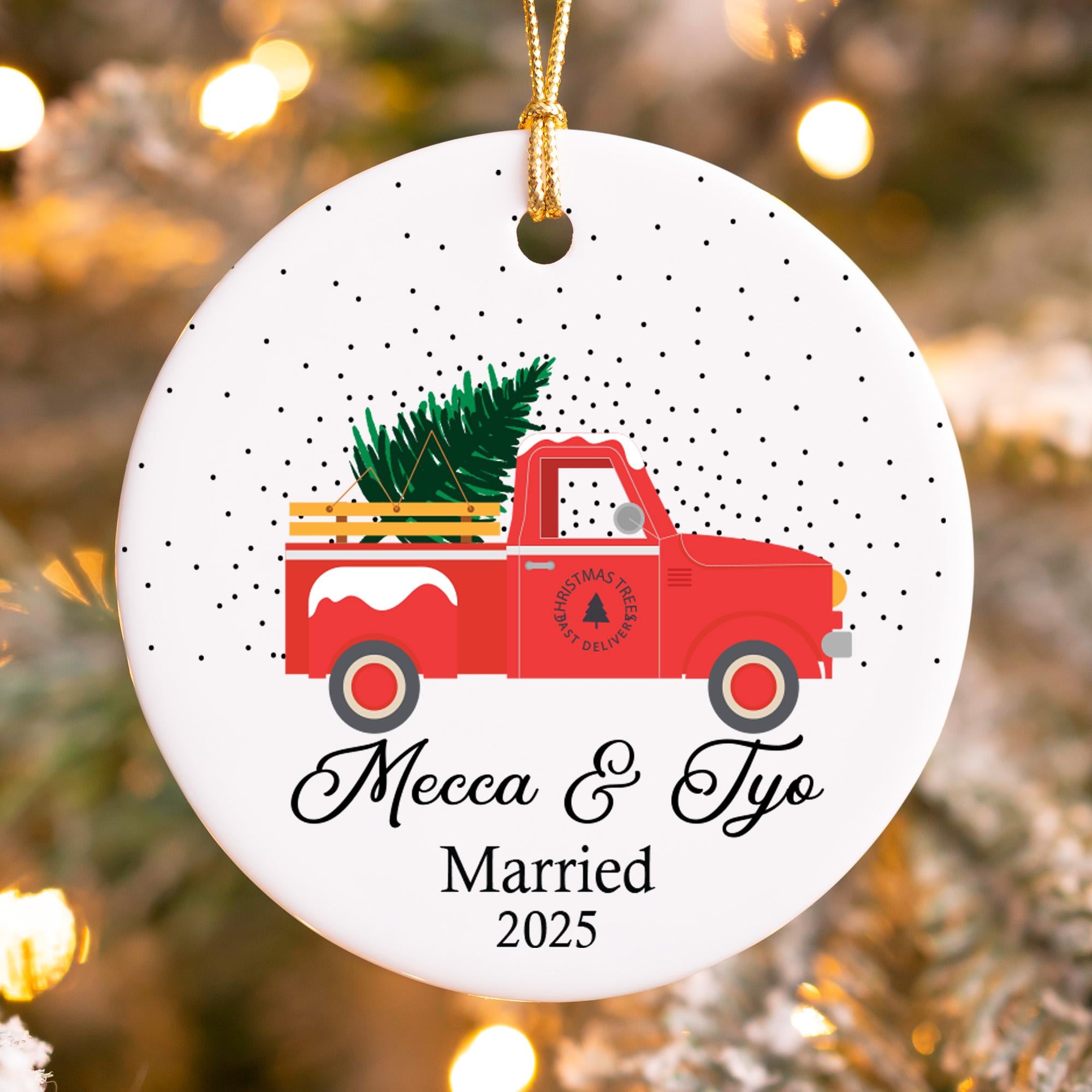 Christmas Red Truck Ornament, Personalized Married Ornament, Custom Christmas Ornaments, Christmas Wedding Ornament, Engaged Ornament