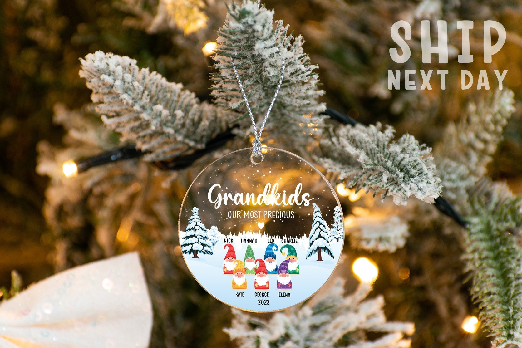 Custom Christmas Gnome Ornament for Grandkids, Grandkid Gifts, New Grandma Gift, New Grandpa Gift, Personalized Unique Kids Name Ornament